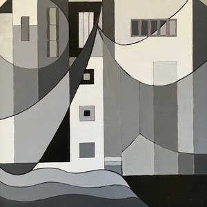 Original vintage oil painting “Abstract in black and white” by Lois Stecker (1912-2011), framed and stamped