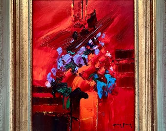 Original abstract oil painting “Ambience Rouge” by C. Ferrer (b. 1946), framed and signed