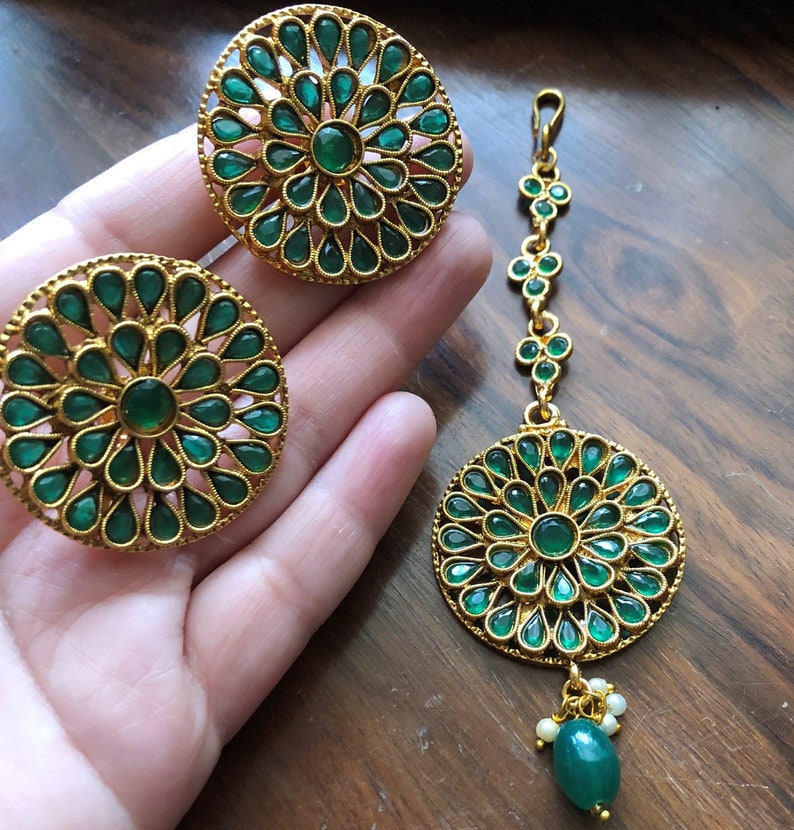 semi precious stonebead jewelry-matt gold earring-Indian headpiece-Bridal jewelry-Indian maang tikka set-Bollywood jewelry-Hyderabadi set