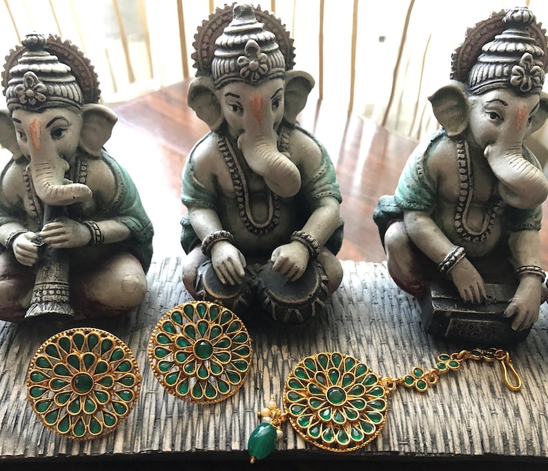 semi precious stonebead jewelry-matt gold earring-Indian headpiece-Bridal jewelry-Indian maang tikka set-Bollywood jewelry-Hyderabadi set