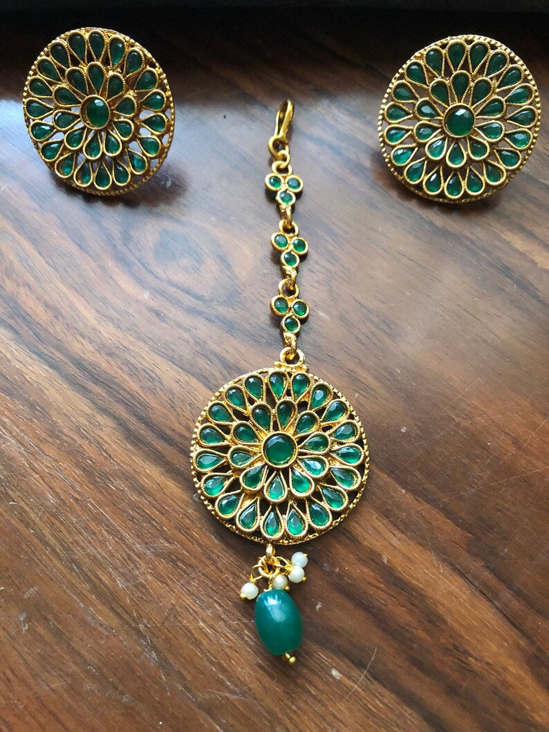 semi precious stonebead jewelry-matt gold earring-Indian headpiece-Bridal jewelry-Indian maang tikka set-Bollywood jewelry-Hyderabadi set