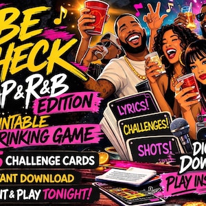 Rap- och R&B-drickspel för vuxna | Hiphop-partyspel | Utskrivbar spelkväll | Direkt digital nedladdning | Vibe Check