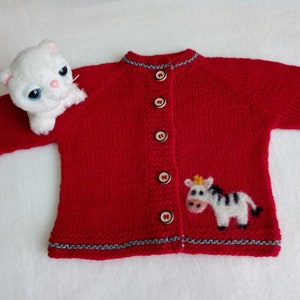 Knitted Baby  Sweater Cardigan Merino Wool  Needle Felted Applique