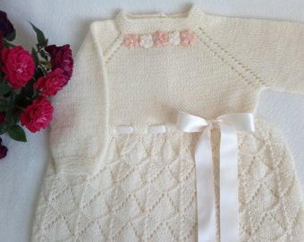 Baptism dress Knit Baby girl Brigh white Dress Flower girls dress First birthdays dress Coming home dress Merino wool