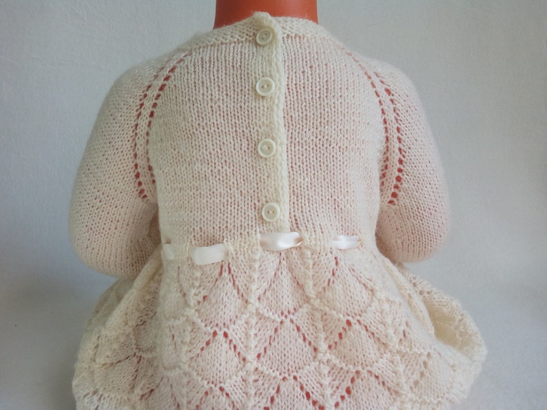 Baptism dress Knit Baby girl Brigh white Dress Flower girls dress First birthdays dress Coming home dress Merino wool image 3