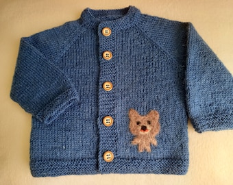 Knitted Baby Sweater Cardigan from Merino Wool with Needle Felted Applique