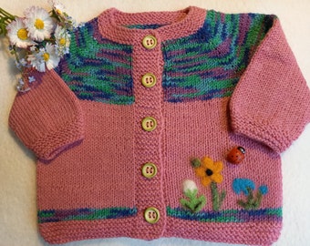 Hand Knitted Baby Sweater from Merino Wool with Needle Felted Applique