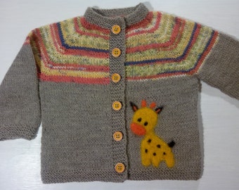 Knitted Baby Sweater Cardigan from Merino Wool with Needle Felted Applique