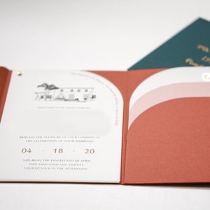 Custom Arched Pocket Invitation Suites A7 Pocketfolder Rounded Trifold Wedding Pocketfolio Inserts Hand Drawn Venue Image image 1