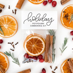May include: A holiday potpourri simmering kit with dried orange slices, cinnamon sticks, cranberries, rosemary sprigs, and cloves. The kit is packaged in a clear bag with a white label that reads "holiday POTPOURRI SIMMERING KIT."