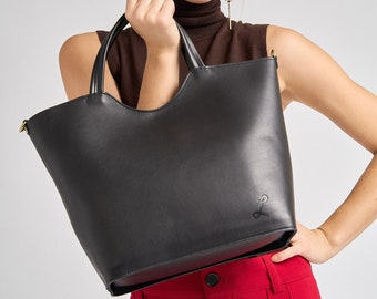 Black Leather Tote Bag, Trendy Leather Womens Purse, Leather Shoulder Bag