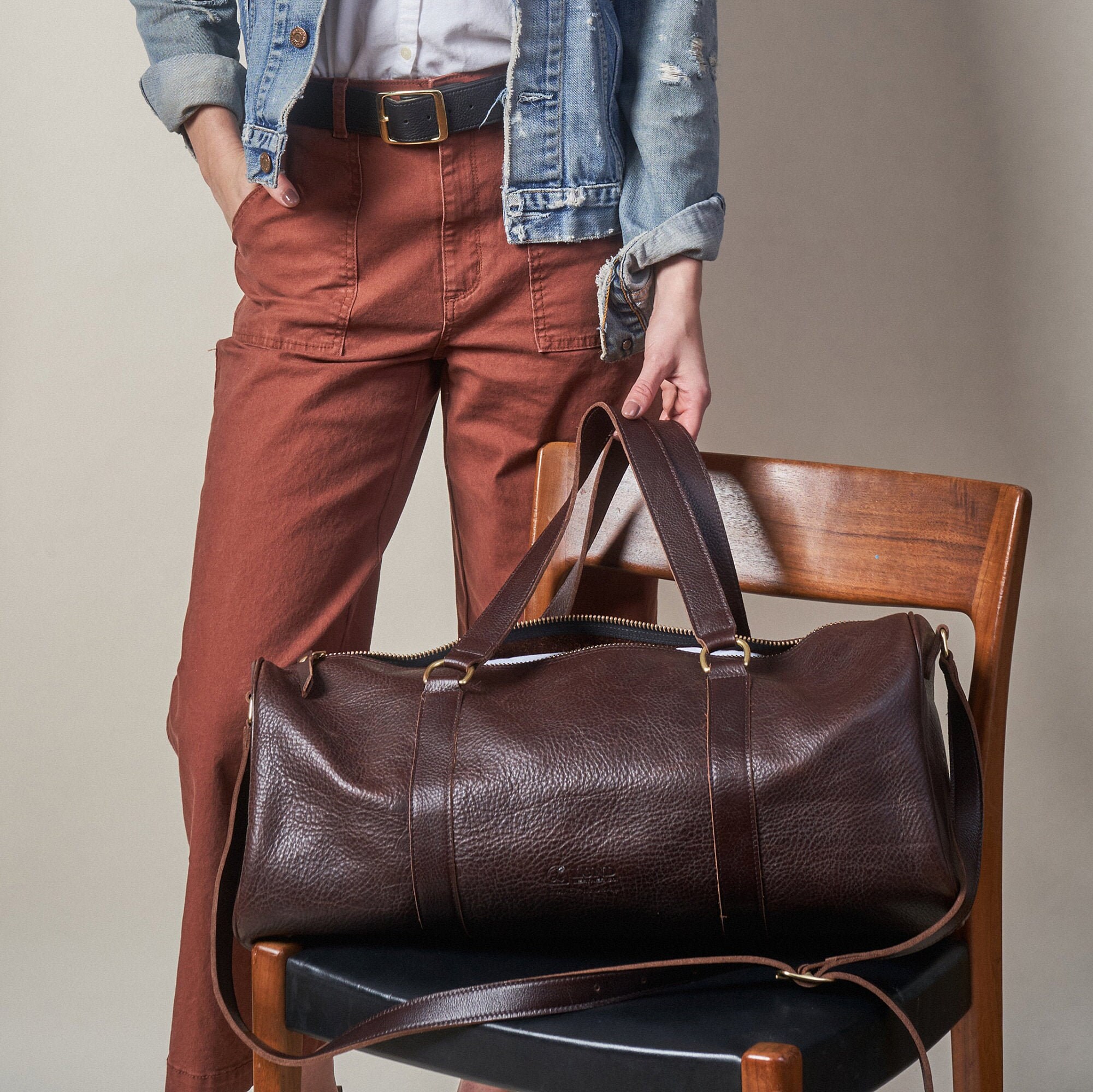 brown leather gym bag
