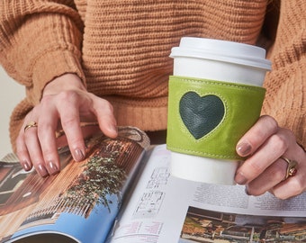 Stitched Leather Heart Reusable Coffee Sleeve - Ecofriendly Gift - Authentic Full Grain Leather - Lime Green Heart