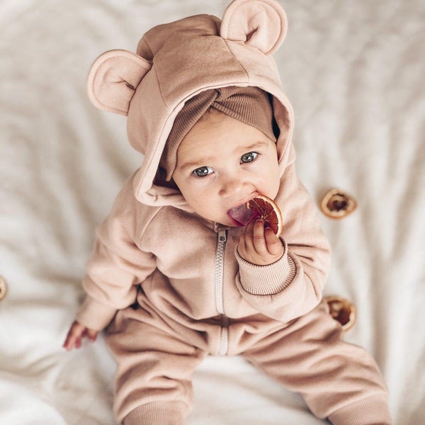 Sweat à capuche bébé fille avec oreilles en peluche, combinaison ours en peluche pour fille, sarouel à manches longues pour bébé