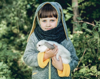 Bunny Coat, Hoodie for toddlers, Handmade Wool Coat, Winter jacket for girl