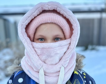 Trendy fleece balaclava for kids. Hood - helmet compatible  - warm winter hood for ski, snowboard. Cozy kids fleece balacva with gift bag.