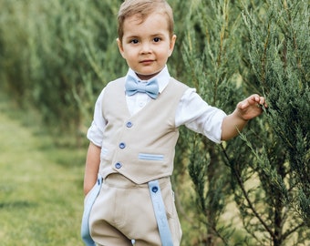 Traje de lino color crema para niños con anillos de boda / Traje de paje azul para niño