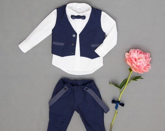 Leinen Ringträger Outfit: Handgefertigte blaue Weste, Hose, Fliege