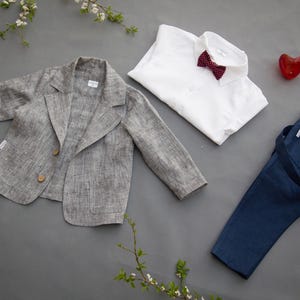 Traje de lino para portar anillos, traje de boda para paje, traje de bautizo, ropa formal para niños pequeños, traje de boda rústico bohemio para niños imagen 3