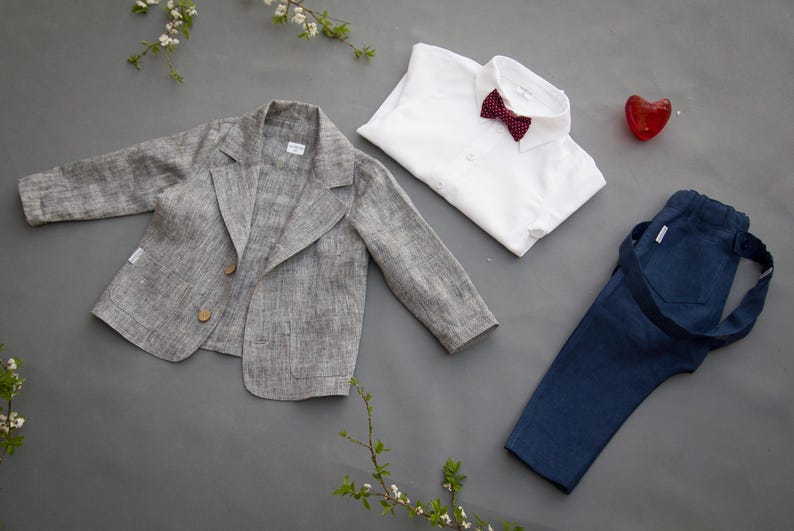 Traje de lino para portar anillos, traje de boda para paje, traje de bautizo, ropa formal para niños pequeños, traje de boda rústico bohemio para niños imagen 3