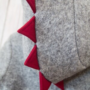 May include: Gray hooded sweatshirt with a red felt dinosaur tail. The tail is made of several triangular shapes.