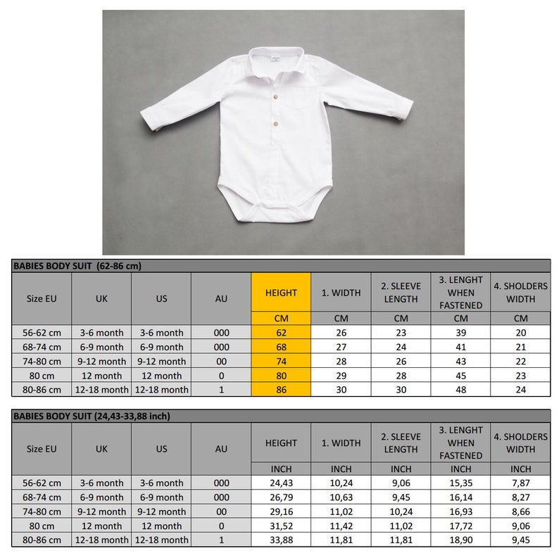 Puede incluir: Una tabla de tallas para bodys de beb&eacute; en blanco con cuello abotonado. La tabla muestra el tama&ntilde;o en cent&iacute;metros y pulgadas, as&iacute; como la edad correspondiente en meses. La tabla est&aacute; etiquetada como "Babies Body Suit (62-86 cm)" y "Babies Body Suit (24.43-33.88 inch)".