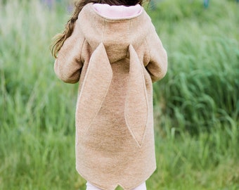 Bunny Coat with hood, Girls jacket, wool coat, Bunny hoodie with ears, Winter wool jacket