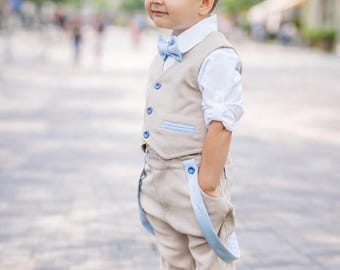 Boys Cream Suit | Baby Blue or Brown Accents, Baptism, Wedding Page Boy Formal Wear