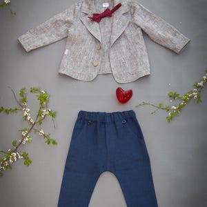 Traje de lino para portar anillos, traje de boda para paje, traje de bautizo, ropa formal para niños pequeños, traje de boda rústico bohemio para niños imagen 11