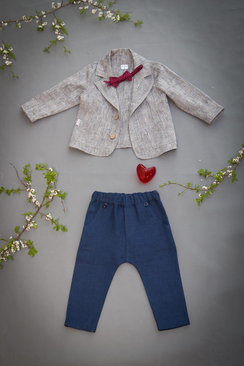 Traje de lino para portar anillos, traje de boda para paje, traje de bautizo, ropa formal para niños pequeños, traje de boda rústico bohemio para niños imagen 11