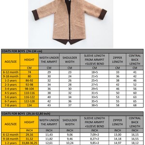 May include: A size chart for boys' coats in brown and beige with bunny ear hoods. The chart shows measurements in centimeters and inches for different ages, including height, width under the armpit, shoulder width, sleeve length from armpit plus sleeve bend, zipper length, and central back length.