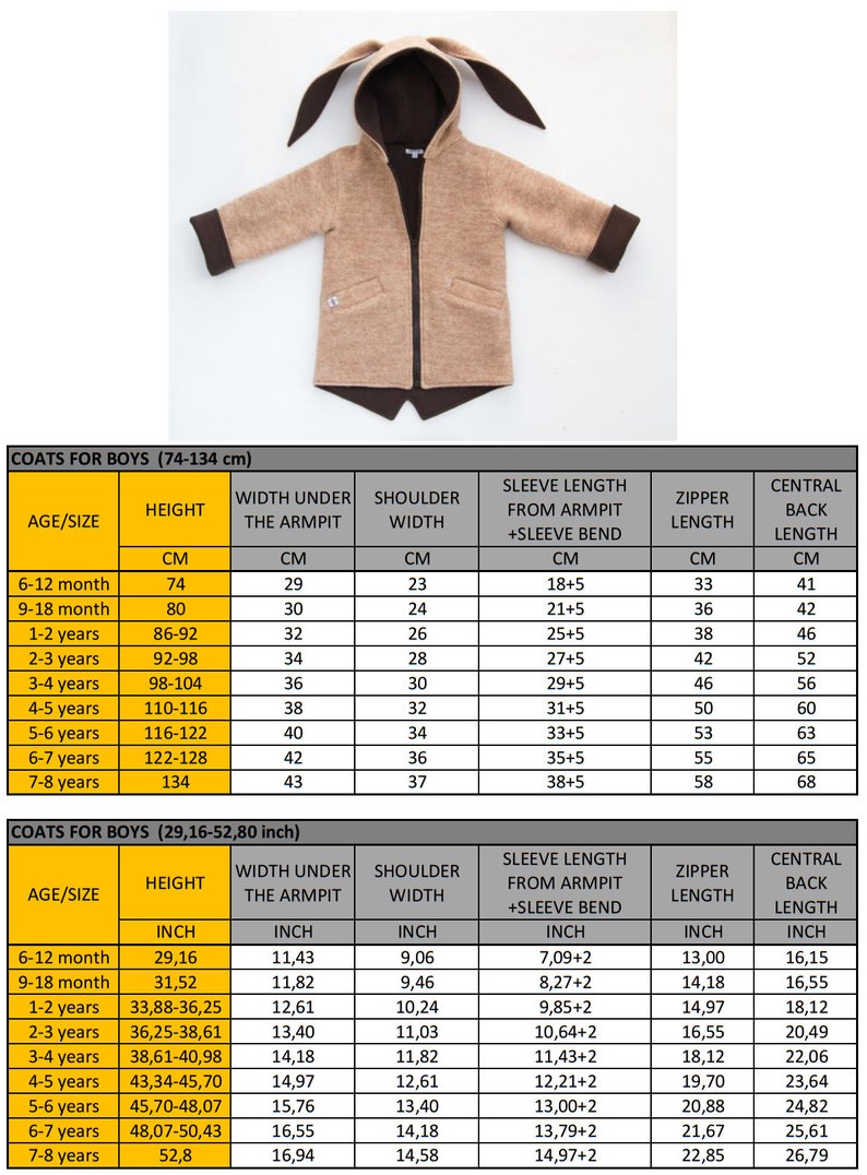 May include: A size chart for boys' coats in brown and beige with bunny ear hoods. The chart shows measurements in centimeters and inches for different ages, including height, width under the armpit, shoulder width, sleeve length from armpit plus sleeve bend, zipper length, and central back length.