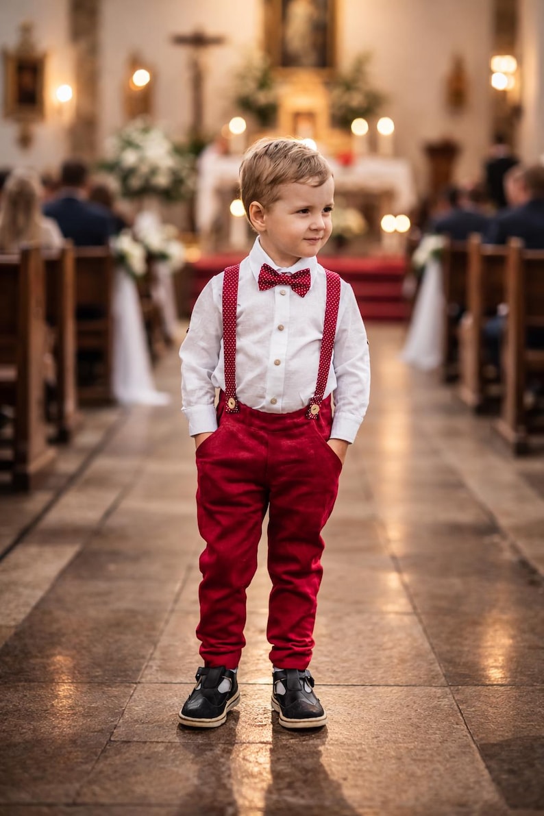 Traje de lino para portar anillos, traje de boda para paje, traje de bautizo, ropa formal para niños pequeños, traje de boda rústico bohemio para niños imagen 2