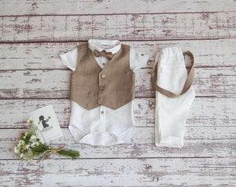 Tenue de mariage pour bébé, tenue de porteur d’anneau, tenue de baptême pour garçons, costume de lin pour garçons