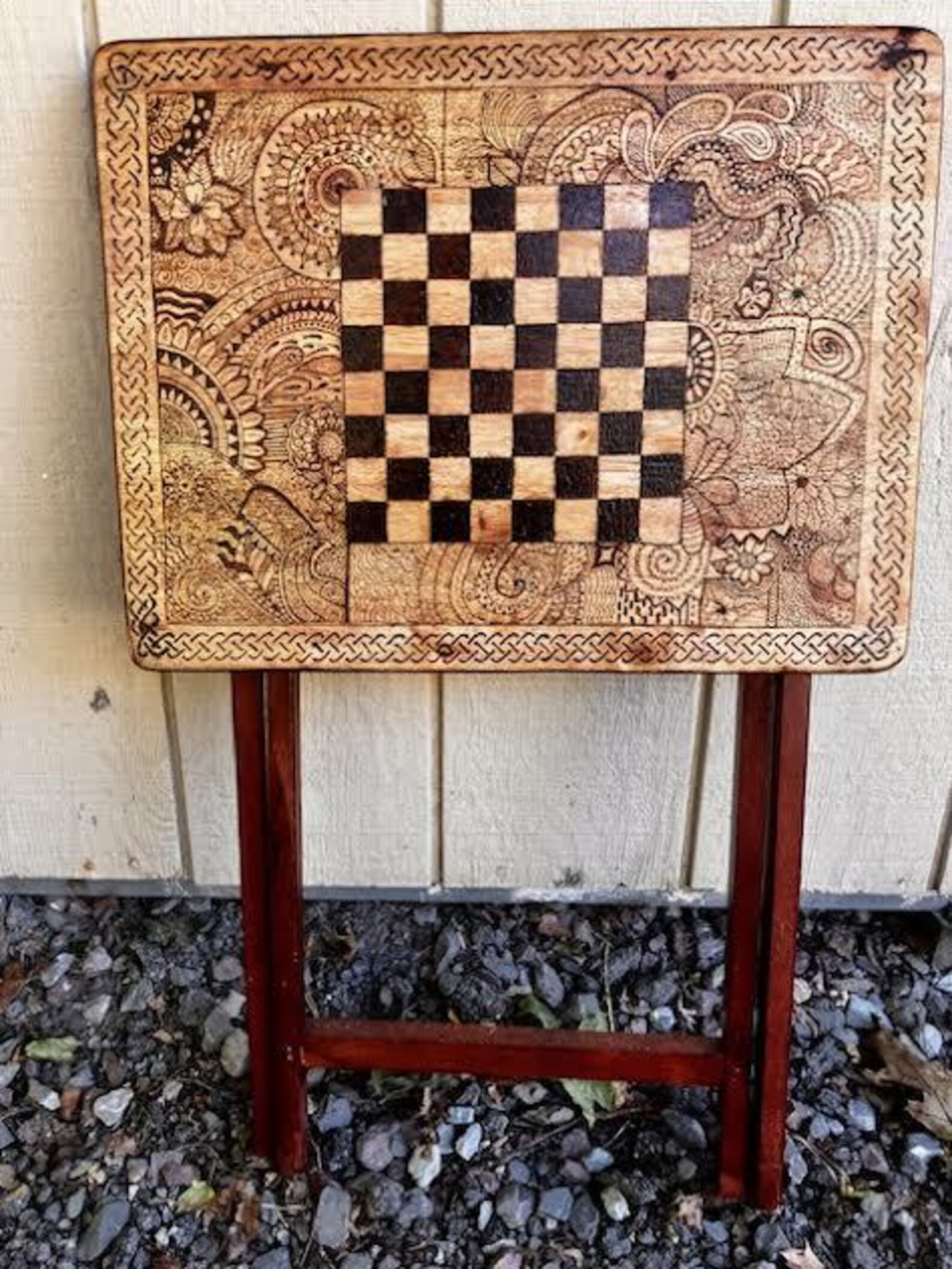 Card Table, Tv Table, Wood Burned, Homemade, Pyrography Design, Folding ...