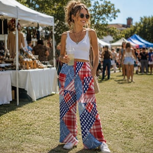 May include: A white sleeveless ribbed crop top paired with wide-leg trousers featuring a patchwork design of red, white, and blue patterns including plaid, gingham, and paisley prints. The outfit is completed with white sneakers and sunglasses.