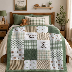 Personalized patchwork inspired quilt, 50x60, baby blanket, custom nursery quilt, baby gift, woodland animals, baby shower gift,