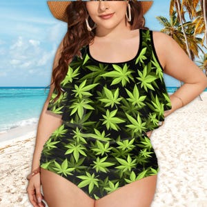 Plus Size Marijuana Leaf Swimsuit: Trendy Two-Piece Bathing Suit