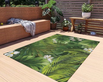 Tropical Leaf Outdoor Rug, Boho Patio Decor, Summer Accessory