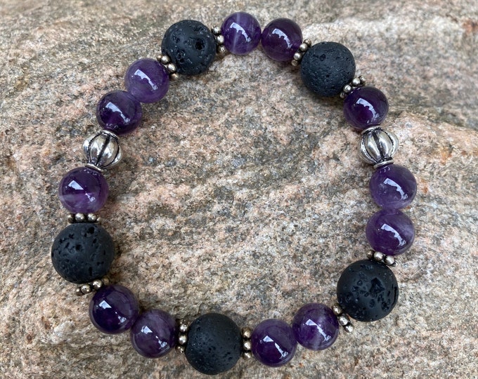 Amethyst Bead & Black Lava Diffuser Bracelet