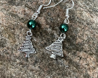 Christmas Tree & Green Pearl Bead Earrings