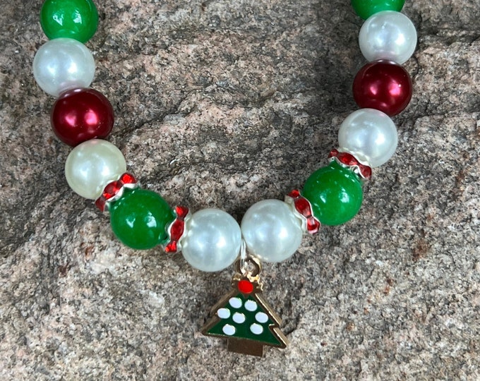 Christmas Tree Charm & Red Rhinestone Bead Bracelet