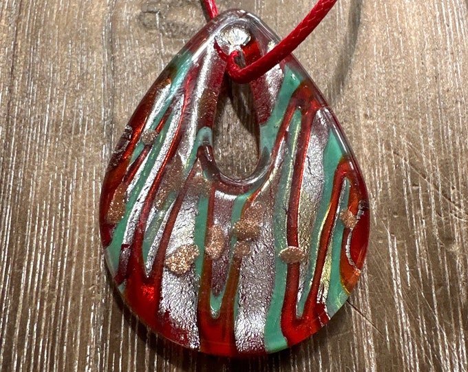 Red/Silver/Green Teardop Pendant | Lampwork Teardrop Pendant Necklace