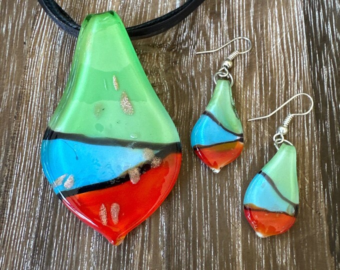 Multi-Color Leaf/Drop Lampwork Glass Pendant Necklace & Earring Set