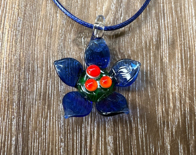 Blue Flower Pendant | Lampwork Glass Flower Pendant Necklace