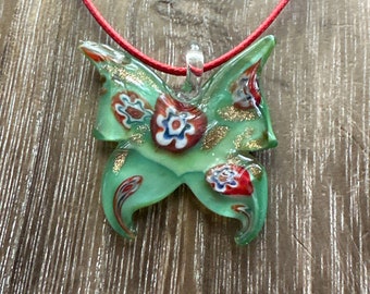 Green Millefiori Butterfly Pendant | Lampwork Glass Butterfly | Butterfly Pendant Necklace