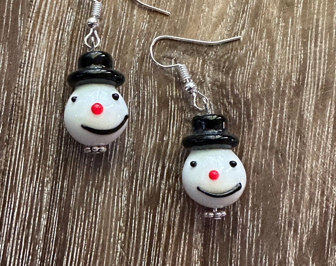 Snowman Head Earrings | Snowman Glass Earrings | Lampwork Snowman Earrings