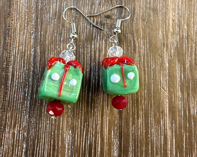 Green Present Earrings | Lampwork Glass Present Earrings | Christmas Earrings | Stocking Stuffers