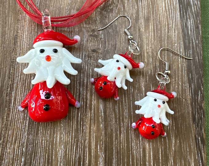 Santa Claus Pendant | Lampwork Glass Santa | Santa & Matching Earrings Necklace Set