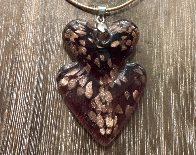Purple/Gold Double Heart Pendant | Lampwork Glass Heart Pendant Necklace